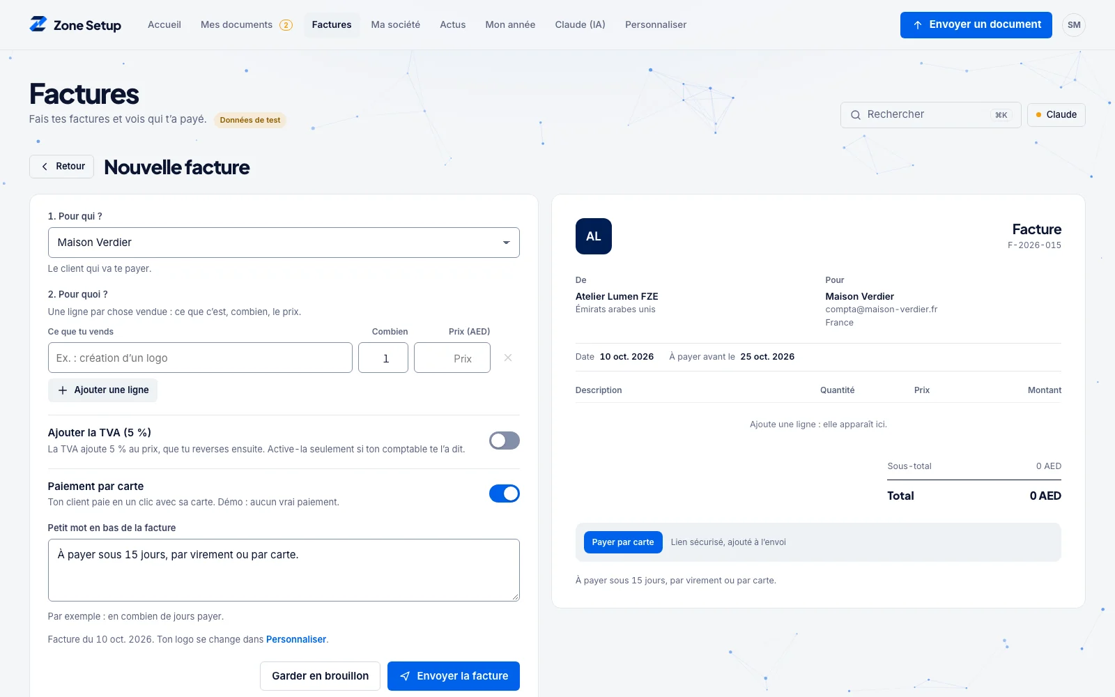 Création d'une facture avec son aperçu et un lien de paiement en ligne
